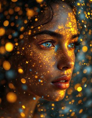 The primary subject of the image is a woman with blue eyes, who is the main focus of the scene. She is wearing makeup and has a glowing effect on her face, which adds to the visual style of the image. The setting is a room with a backdrop of a wall, and the overall atmosphere is bright and colorful. The colors and mood of the image are vibrant and lively, with the woman's glowing eyes being the most prominent feature.
